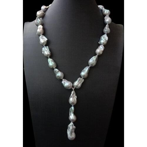 Y·YING luxury style Natural Cultured Silver Gray Keshi Pearl Baroque Rosary Necklace Pendant 21" for women