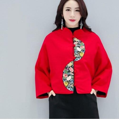 Chinese Style Clothing Women Red Embroidery Folk Retro Vintage Coat Jacket Female Ethinc Blouse Ladies Chinese Tops FF2478