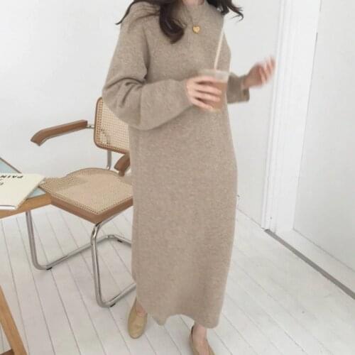 Women Autumn Winter Long knitted Sweater Dress Female Pullover Long Sleeve Straight Oversized Round Collar