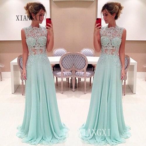 2020 Mint Green Evening Dresses Long Chiffon A-Line See Through Lace Floor Length Formal Party Gowns Evening Dress Vestidos