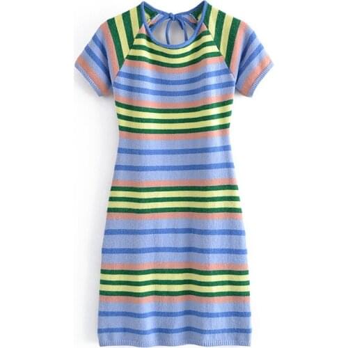 MESTTRAF Women 2021 Fashion With Bow Tied Color Striped Knitted Mini Dress Vintage Backless Short Sleeve Female Dresses