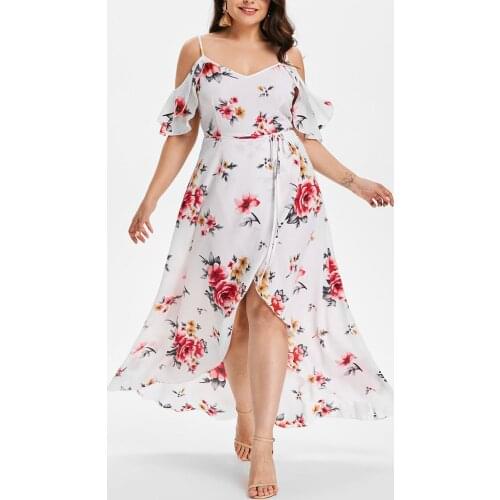 Vintage Dress Plus Size Women Casual Short Sleeve Cold Shoulder Boho Flower Print Long Dress Large Size Elegant Dresses Vestidos