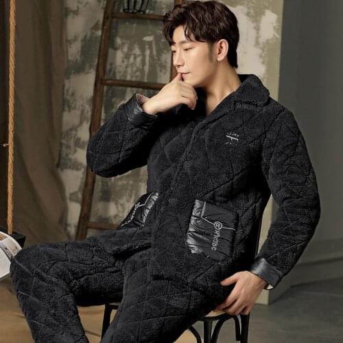 Winter Pajamas Mens Sleepwear Three Layer Thickened Plush Flannel Button Warm Set