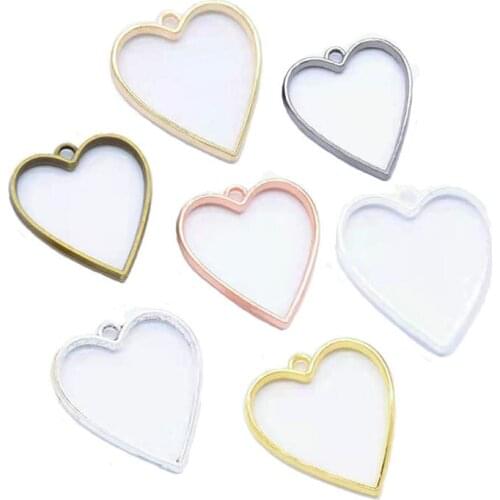 10pcs 34*30mm 7 Colors Alloy Jewelry Accessories Heart Charm Hollow Glue Blank Pendant Tray Bezel