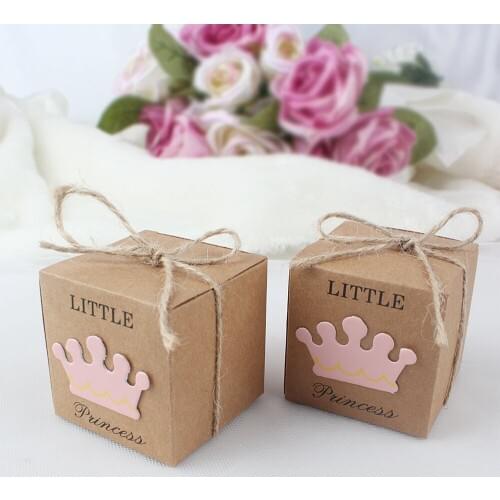 50pcs Little Princess Baby Shower Kraft Favor Boxes with Twine Bow, Rustic Kraft Candy Box Chocolate Packaging Bag Gift for Baby