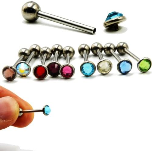 9 Pcs per Set 9 Color Mixed Flat CZ Gem Tongue Barbell Ring Piercing With Screw Fit Internally Thread Piercing Body Jewelry
