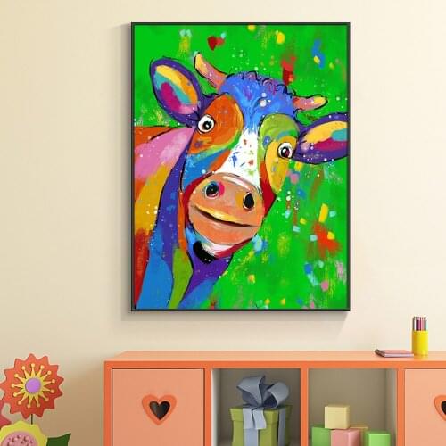 Abstract Colorful Cattle Oil Painting On Canvas 100% Hand Painted Nordic Animal Ox Wall Art For Kids Room Home Decoration