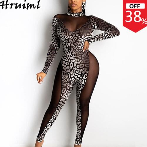 Long Sleeve Bodysuit Skinny Mesh Patchwork See Through Jumpsuit Women Fashion New Arrival Sexy & Club Printing Body Suits