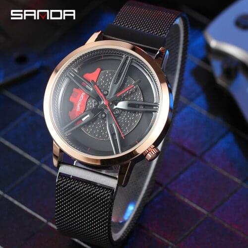 SANDA Top Brand New Mens Watches Fashion Casual Car Wheel Dial Leather Watch for Men Waterproof Quartz Movement wristwatch 1040