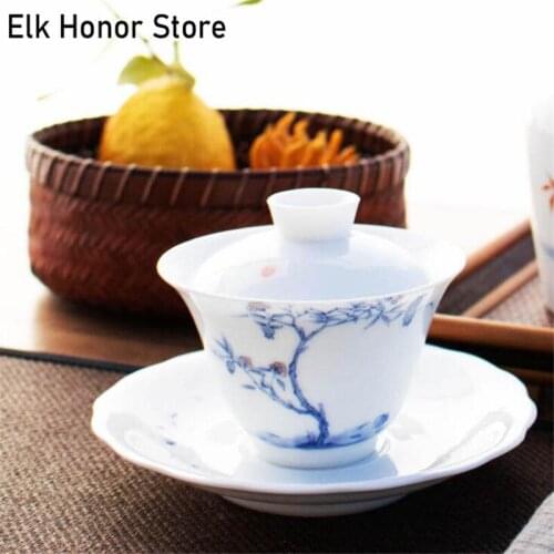 170ml Blue And White Large Pomegranate Ceramic Gaiwan Tea Cup Handmade Tea Tureen Tea Set Accessories Tea Ceremony Drinkware