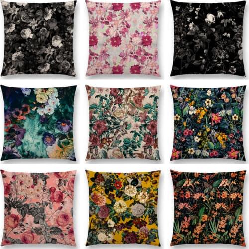 Floral pattern Black Night Vintage Forest Botanical Garden Future Dream Colorful Flowers Leaves Prints Cushion Cover Pillow Case