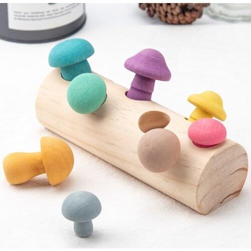 Wooden Rainbow Blocks Mushroom Picking Game Montessori Educational Wooden Baby Toys Developmental Shape Matching Assembly Grasp