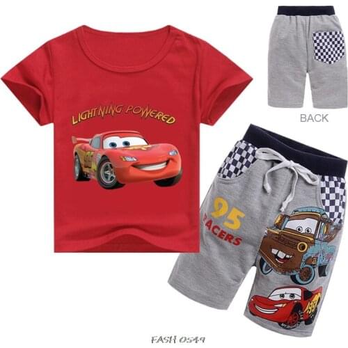 Childrens McQueen Car 95 Print Outfit Boy Summer Set 2pcs Fashion Clothes Boys Cartoon Costumes Kids Cotton Tshirt Disney