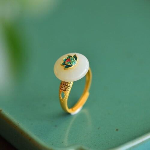 Designer original new natural Hetian jade lotus-shaped opening adjustable ring palace style retro ladies silver jewelry