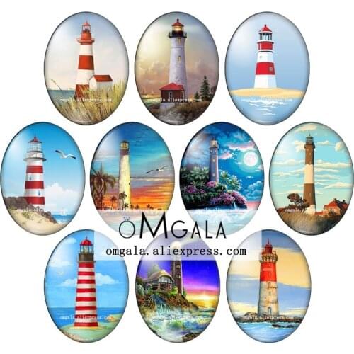 Cartoon Lighthourse and Sea Art Paintings Mixed 13x18mm/18x25mm/30x40mm Oval photo glass cabochon flat back Making findings