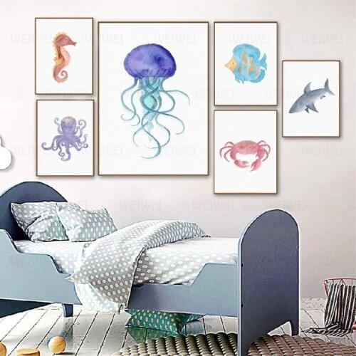 Sea Watercolor Collection Posters And Prints Sea Themed Nursery Wall Art Canvas Painting Ocean Creatures Picture Kids Room Decor