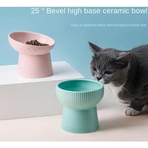 Cat Bowl Ceramic cat food bowl high foot bowl cervical protection dog bowl cat supplies cat water bowl inclined mouth bowl anti