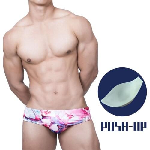 Mens Sexy Swimwear Push Up Bulge Enhancing Pink Flowers Swim Briefs Man Quick-Dry Breathable Swimsuits Surfing Beach Shorts
