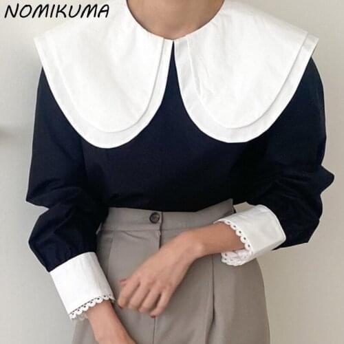 Nomikuma Hit Color Patchwork Women Blouse Chic Korean Peter Pan Collar Puff Sleeve Shirts 2021 Autumn New Elegant Blusas 6Z927