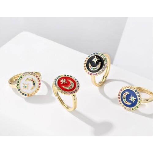 New Vintage Oil Drop Moon Star Ring Simple Colored Zircon Real Gold-plated Adjustable Rings For Women Girls Fashion Jewelry Gift
