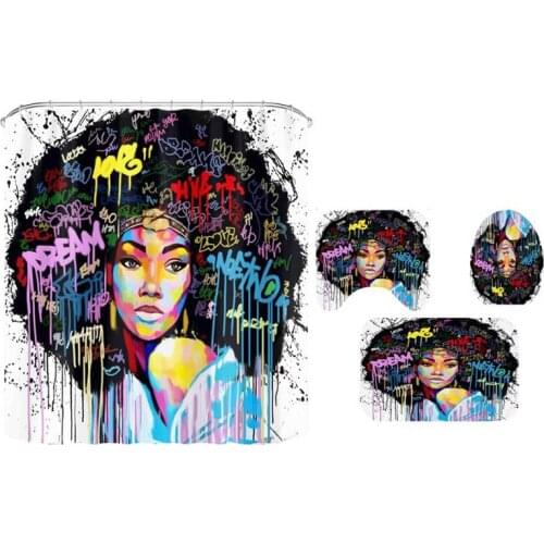 Charming African Shower Curtains Lady Women Colored Hair Bathroom Set Non-Slip Rugs Toilet Lid Cover Mat