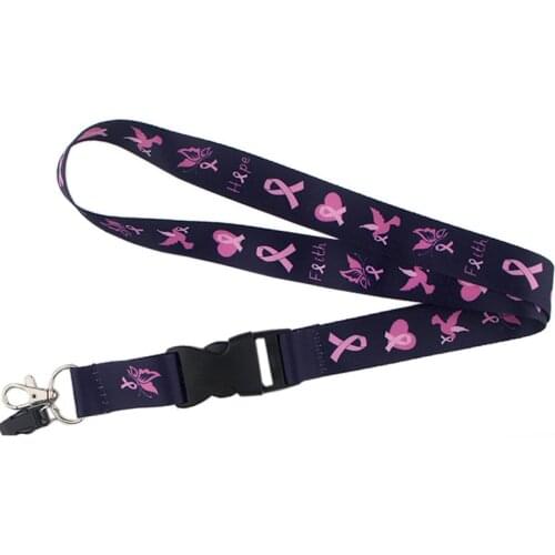P4009 Dongmanli Breast Cancer Awareness Pink Ribbon Keychain Lanyards Holder ID Card Pass Gym Mobile Badge Holder Key Strap
