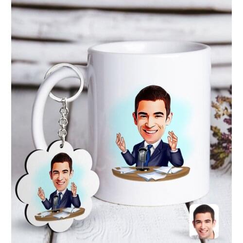 Personalized Men 'S Announcer Caricature Of White mug And Keychain Gift Seti-1