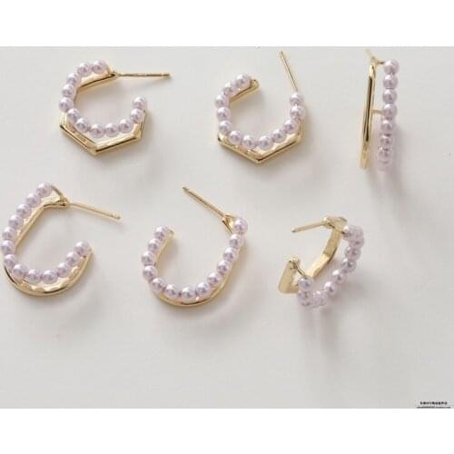 Gold-plated copper plated real gold U-shaped pentagonal pearl type Silver needle stud earrings diy earring material accessories