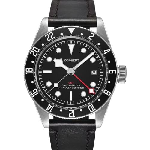 Luxury Corgeut 41mm GMT mechanical Automatic Movement Sapphire glass Luminous Waterproof Diver Leather Strap Mens Watch