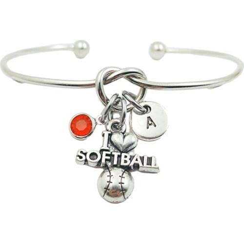 I Love Softball Retro Creative Initial Letter Monogram Birthstone Adjustable Bracelet Fashion Jewelry Women Gift Pendant