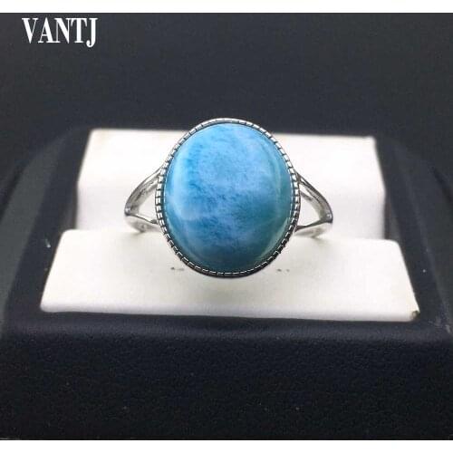 VANTJ Elegant Natural Larimar Adjustable Rings Solid 925 Silver Fine Jewelry for Women Girl Party Gift Water Pattern AAAAA