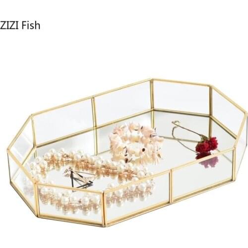 Vintage Octagon Metal Glass Mirror Tray Jewelry and Cosmetics Storage Tray Desktop Display Tray Dressing Table Living Room Decor