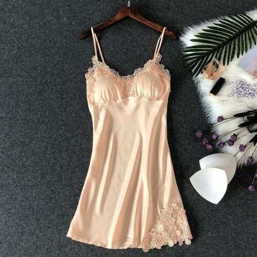 Women Robe Satin Nightgown Sexy Nightshirt Sleepwear Lace Bath Gown Summer Casual Home Night Dress Nighty with Bra Padded