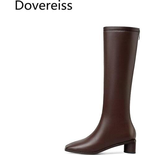 Dovereiss Fashion Womens Shoes Winter Sexy Elegant apricot Square toe Ladies Boots Concise Chunky heels leather Mature 33-43
