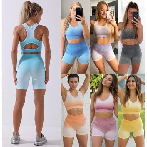 Women Seamless Yoga Clothing Suit Sports Bra Shorts Set Gym Sport Workout Running Gradients Fitness Top Leggings Jogging Suit