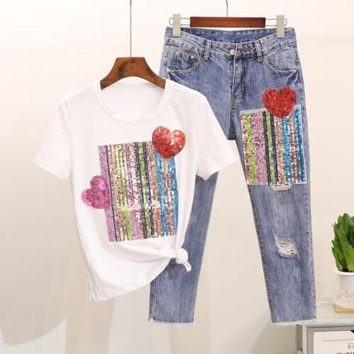 M-5xl Women Summer Sequined Heart T-shirts Denim Pants Sets Cotton Tshirt + Ankle-length Pants Hole Trousers 2 Piece Set Suits