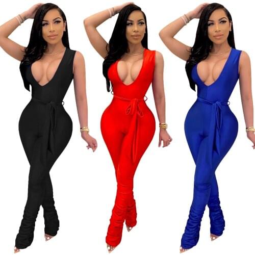 Sexy V Neck Fitness Jumpsuit with Belt Summer Lounge Wear Sleeveless Ruched Leggings Sporty Women Overalls Plus Size S-XXL