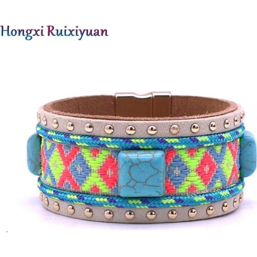 Vintage leather bracelet color rope hand-woven geometric pattern bracelets for women natural stone magnetic buckle jewelr