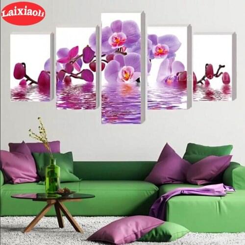 5d diy diamond painting beautiful orchid mosaic mazayka diamond embroidery full square round drill water flower 5 pcs home decor