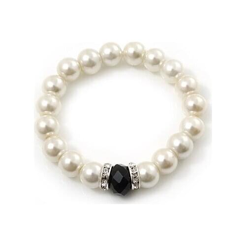 FREE SHIPPING PEARL WITH BLACK CRYSTAL BEADS AND CRYSTAL RONDAL STRETCH BRACELET