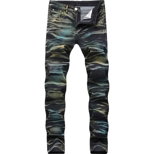 New Mens Male Fashion Casual colored tie and dye slim jeans Trendy plus size painted denim pants Trousers