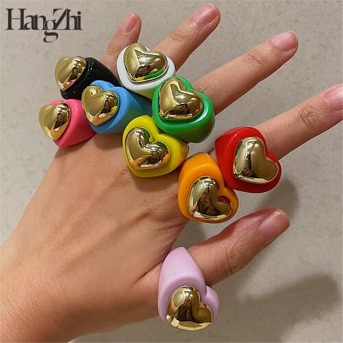 HANGZHI 2021 New Korean Colorful Heart Metal Beads Resin Acrylic Geometric Rings for Women Girls Party Jewelry Gifts