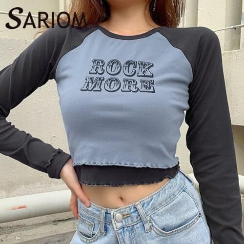 Harajuku Rock More Letter Print Frill Tee Shirt Crop Top Patchwork Women Long Sleeve O Neck Y2k Femme T-shirts Blusas De Mujer