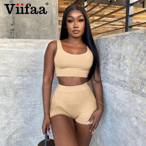 Viifaa Summer Solid Matching Outfits Crop Top and Biker Shorts Sets Women 2021 Jogging Skinny Brief Two Piece Set