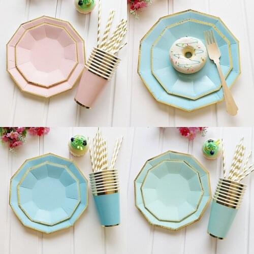49Pcs Disposable Tableware Set Green Pink Blue Paper Plates Set Gilt Solid Color Decagonal Paper Plates Cups Party Picnic Tools
