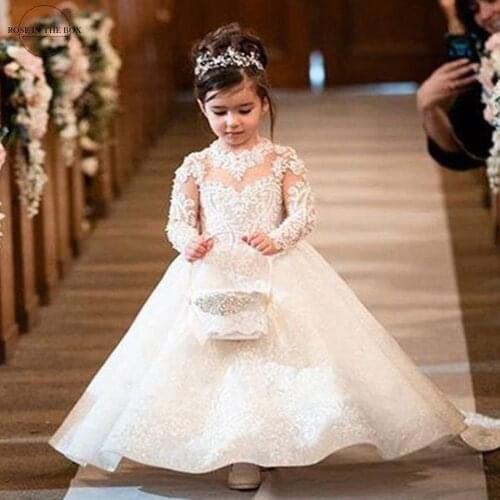 New Princess Lace Flower Girl Dresses Long Sleeves Floor Length Pageant Dresses First Communion Dresses Ball Gowns For Girl