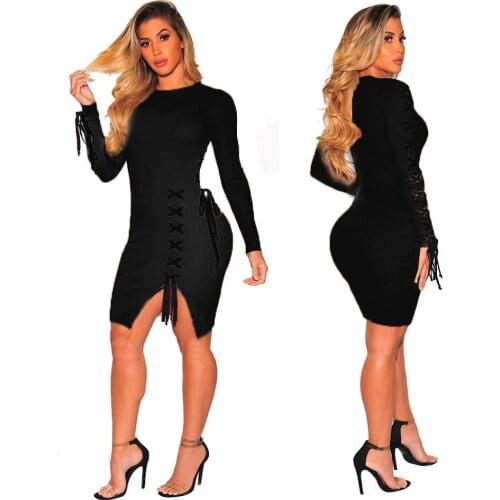 Autumn Dress Women split Long sleeve Knitted Dresses plus size paddy Pencil