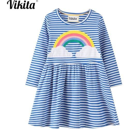 VIKITA Kids Striped Dresses Children Rainbow Animals Applique Long Sleeve Dresses Kids Casual Autumn Wear Children Clothing