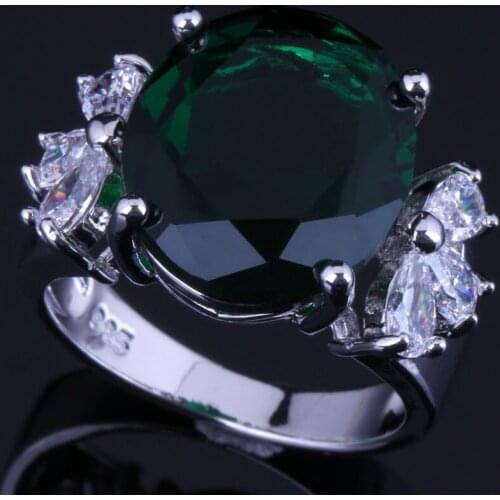 Silky Oval Green Cubic Zirconia White CZ Silver Plated Ring V0609
