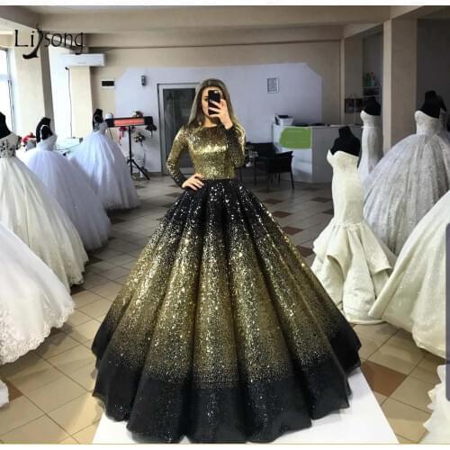 Bling Bling Gold- Black Puffy Sequined Prom Dresses High Collar Full Sleeves Muslim Long Prom Gowns Luxury Abiye Party Dresses